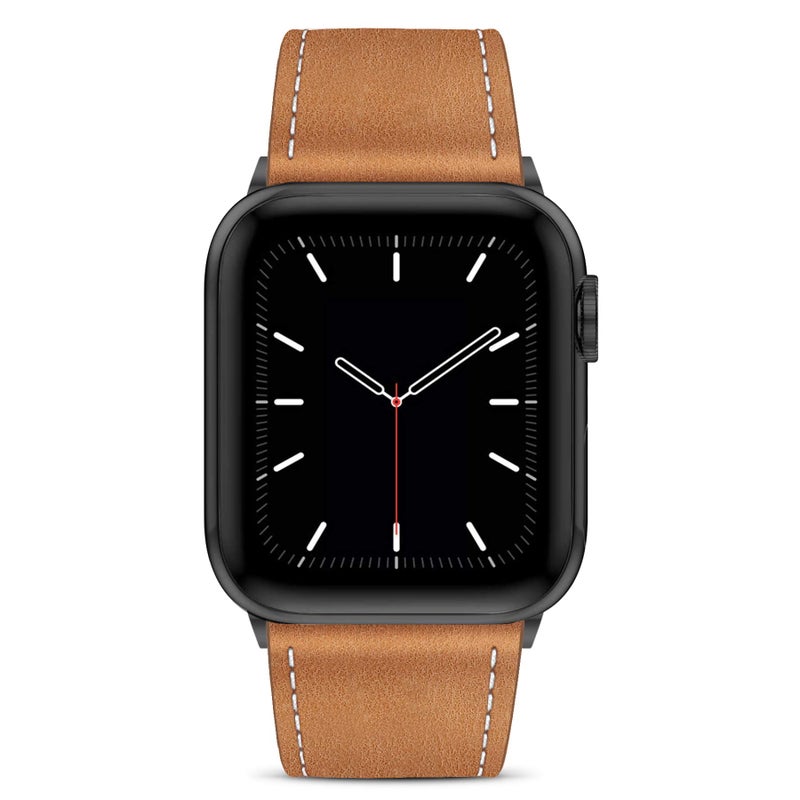 MARGE PLUS Compatible with Apple Watch Band 42mm 44mm, Genuine Leather Replacement Band Compatible with Apple Watch Series 5 4 (44mm) Series 3 2 1 (42mm), Brown Band/Black Adapter - Image 2